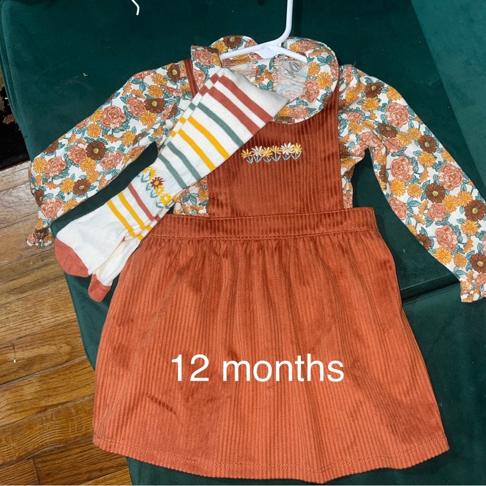 Floral Corduroy Dress Set with Striped Socks